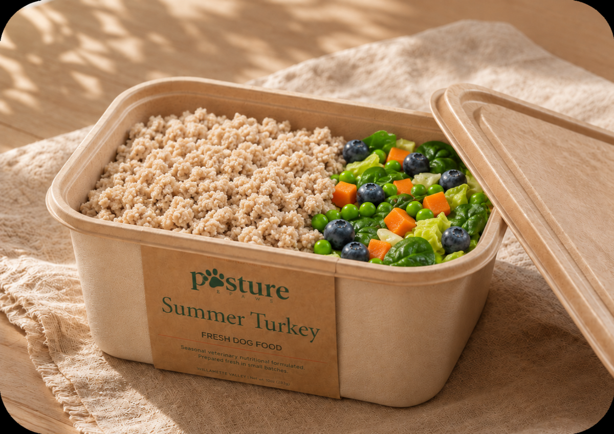 A square compostable paper food container labeled 'posture Summer Turkey' filled with cooked dog food, placed on a beige cloth. The left half contains cooked rice-like grains, and the right half contains mixed vegetables including broccoli, peas, carrots, and blueberries.